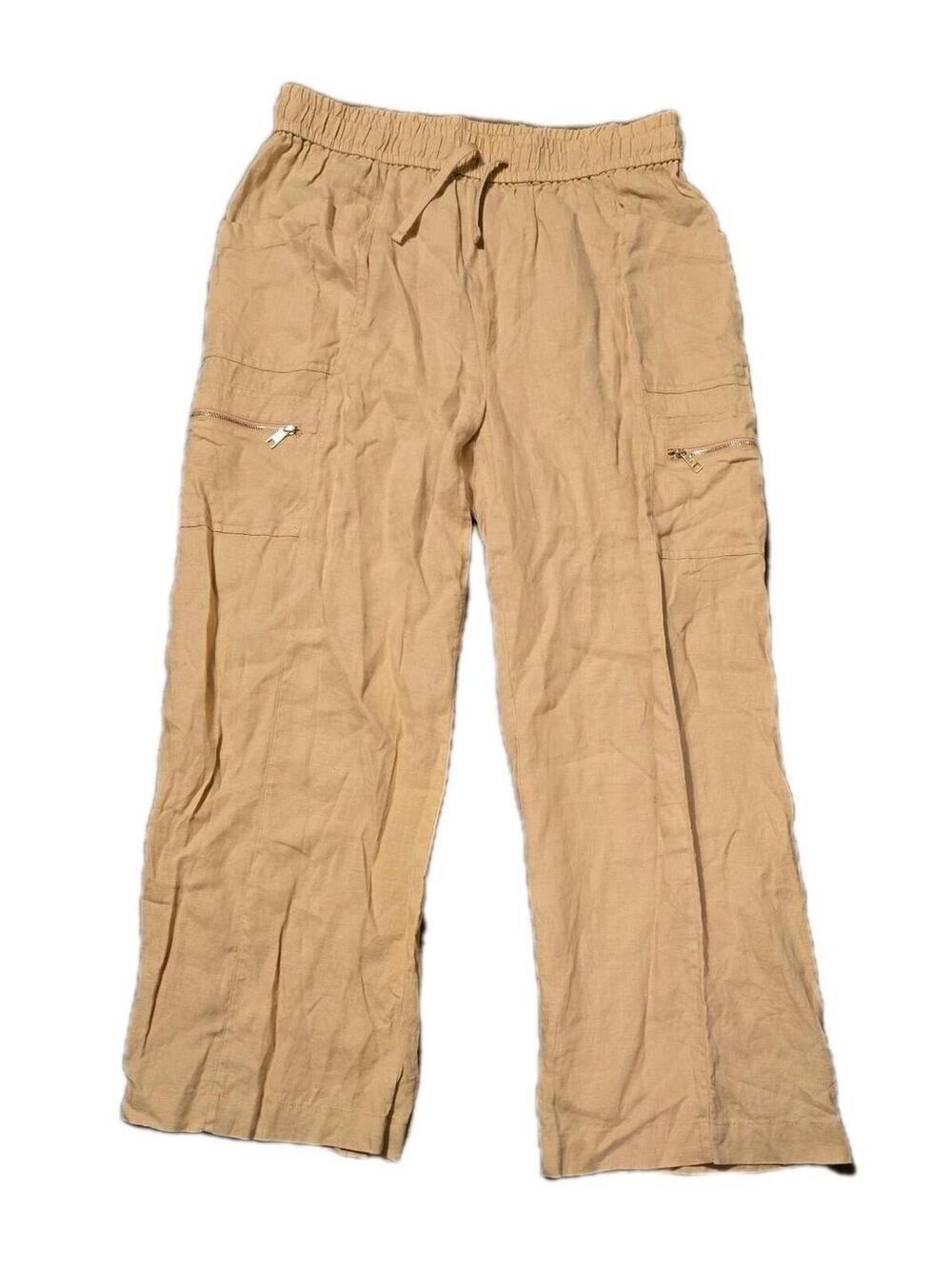 Dkny Pure Linen Pants Sz Large Wode Leg Cargo Zip Drawstring Boho Casual Summer
